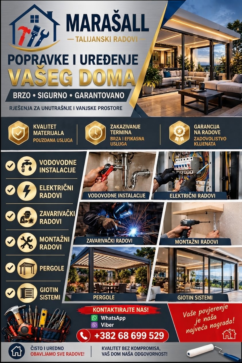 električne instalacije, vodovodne instalacije, sistemi giljotine i sistemi pergola.
